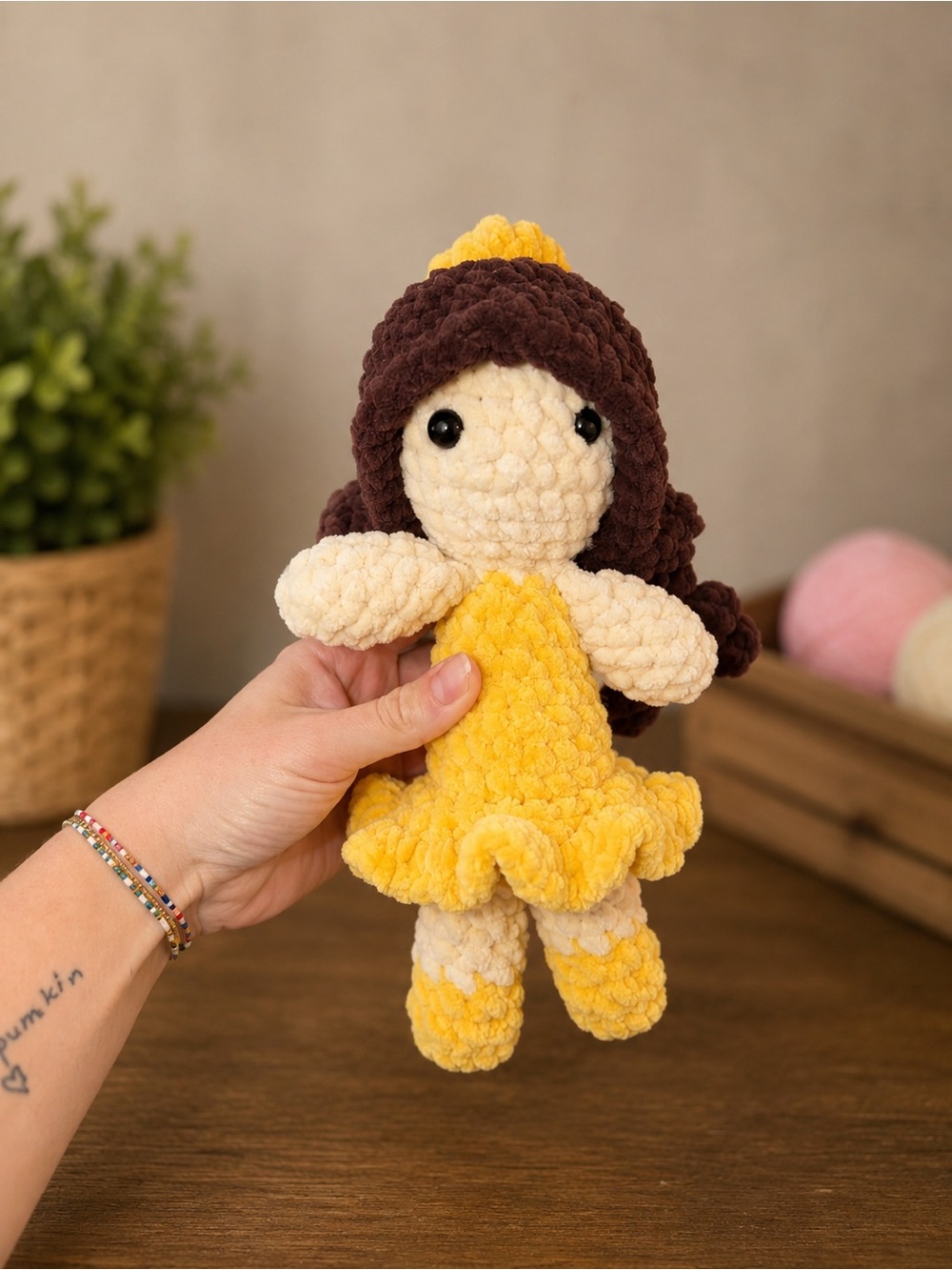 Yellow Princess Plush Doll with Brown Hair - Soft Cuddly Toy